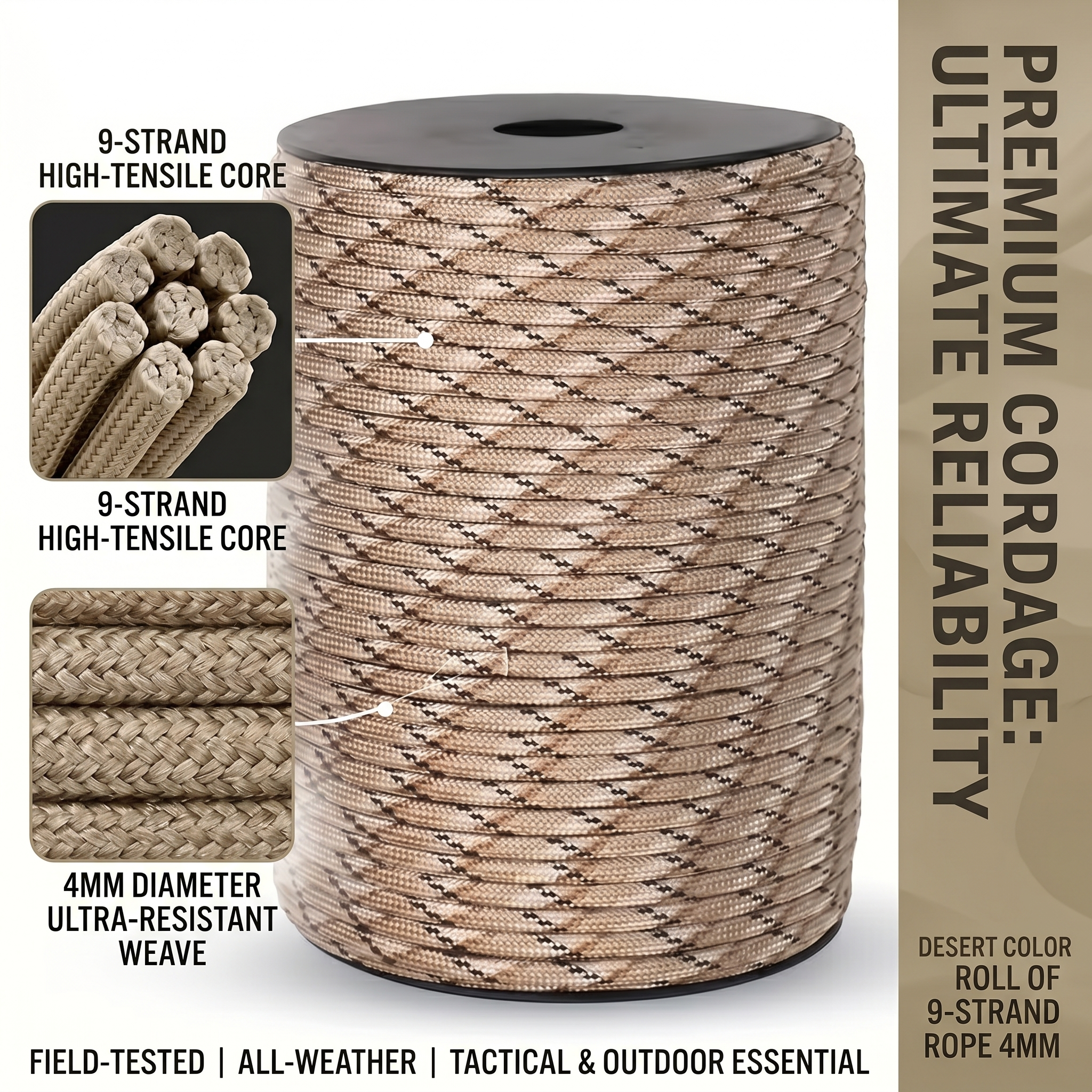 The Ultimate 164ft Roll of 9-Strand Rope 4mm: Heavy-Duty Utility Cord for Tents & Tarps 28 A high-strength, premium desert color Roll of 9-Strand Rope 4mm, neatly wound on a spool against a clean background, featuring detailed call-out boxes showcasing its construction. The upper call-out shows a cross-section of the ultra-resistant core and is labeled "9-STRAND HIGH-TENSILE CORE