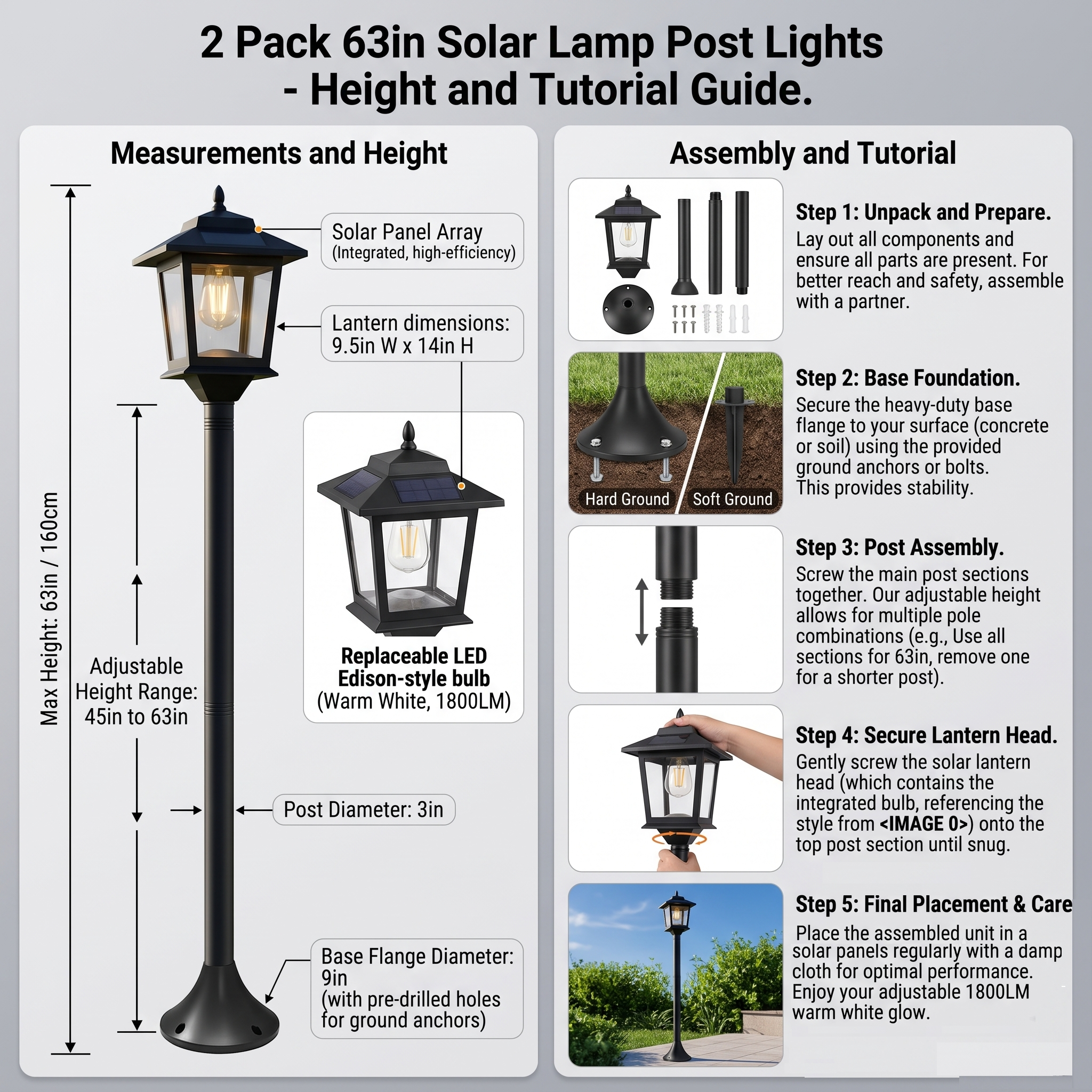 2 Pack 63in Solar Lamp Post Lights, Outdoor Post Lights, Christmas Decorations, Pole Lights Outdoor, Decorative Lamp for Garden, Patio, Lawn, Pathway, Driveway, Front/Back Door, Warm White, Replaceable Bulb, 1800LM 5 Infographic for the 2 Pack 63in Solar Lamp Post Lights showing technical measurements, an adjustable height diagram from 45 to 63 inches, and a 5-step assembly tutorial from unpacking to final yard placement.