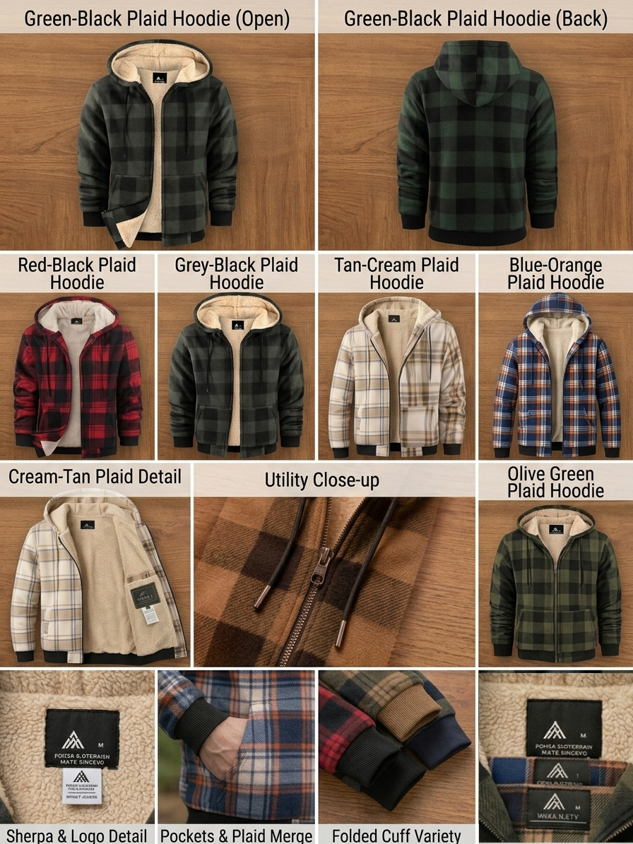 Men'S Heavyweight Fleece Hooded Jackets Thick Sherpa Lined Flannel Plaid Shirt with Full Zip 27 A lifestyle and product collage of Fleece Hooded Jackets Thick Sherpa, showing a model wearing various plaid colors in an autumn forest, folded stacks of jackets, and close-ups of the zipper, tags, and ribbed cuffs.