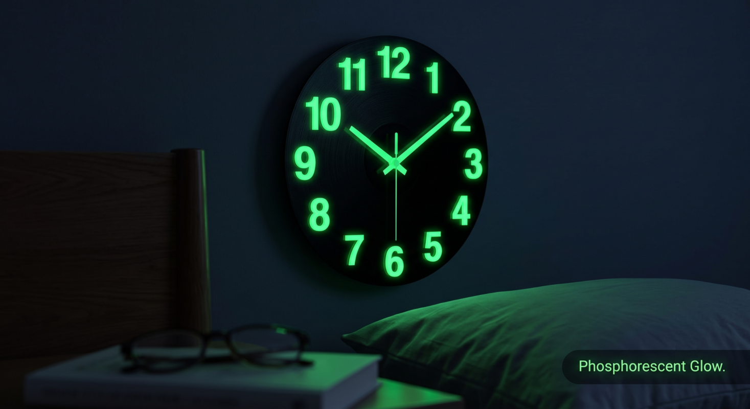exclusive 1pcs Glow-in-the-Dark Wall Clock 1pc Vinyl Round Wall Clock, 12-Inch Silent Non-Ticking, Glow-in-the-Dark Numbers & Hands, Flat Crown, AA Battery Operated (Not Included), Ideal for Bedroom & Living Room 4 A Glow-in-the-Dark Wall Clock emitting a soft green phosphorescent light on a dark bedroom wall above a pillow.