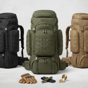100-Liter Extra-Large Travel Backpack A close up studio product photograph showing three expedition size tactical backpacks in army green, black, and tan, arranged in a row with outdoor survival gear on the concrete floor. The image highlights the structure and massive scale of each 100 Liter Extra Large Travel Backpack.