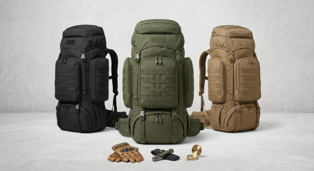 100-Liter Extra-Large Travel Backpack A close up studio product photograph showing three expedition size tactical backpacks in army green, black, and tan, arranged in a row with outdoor survival gear on the concrete floor. The image highlights the structure and massive scale of each 100 Liter Extra Large Travel Backpack.