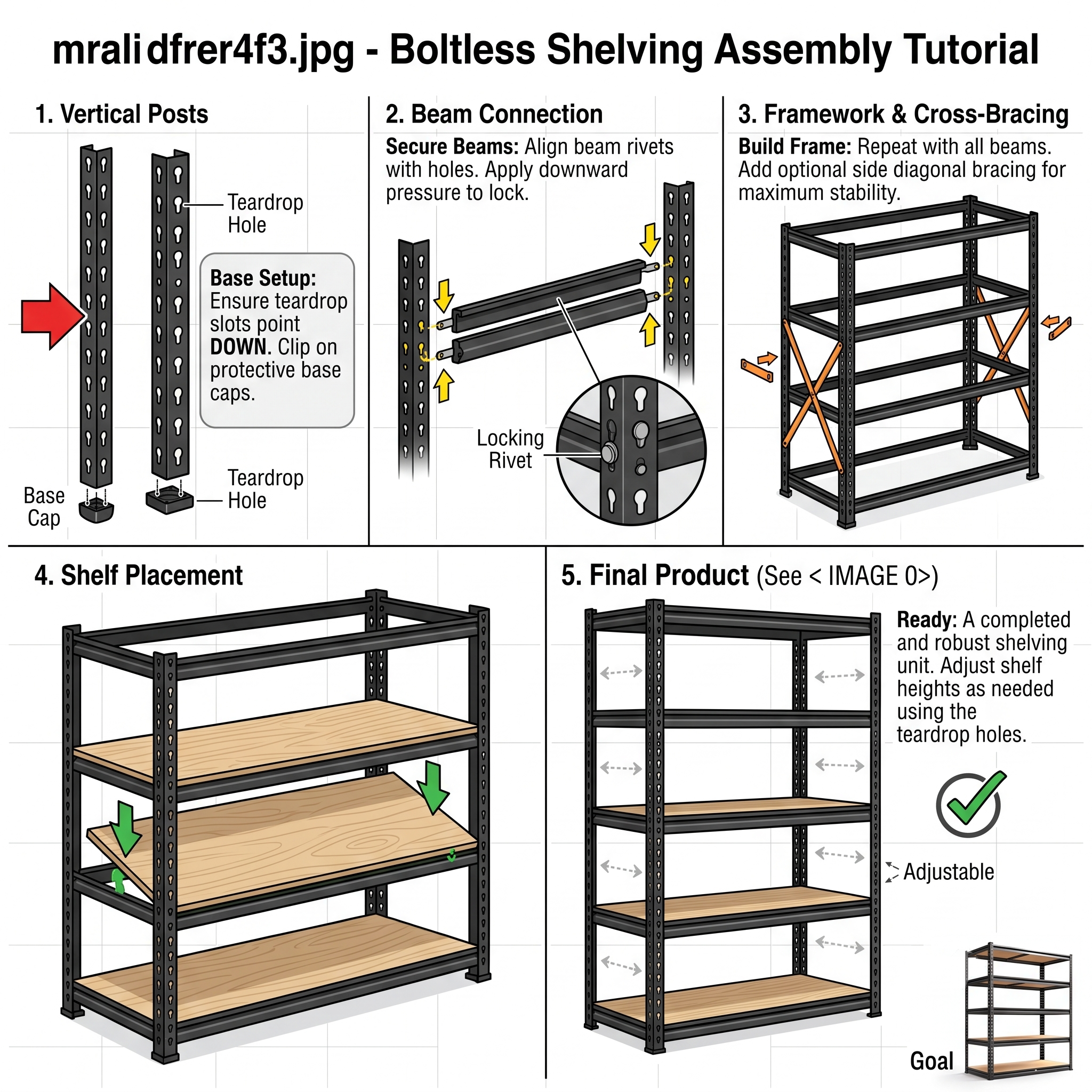 practical Heavy Duty 5 Tier 2000Lbs Metal Shelving Units | 60"H Freestanding Matte Adjustable Shelving For Garage, Basement, Pantry, Closet | Utility Storage Rack For Warehouse Items, Utility Shelves 6 A step by step visual guide on how to assemble the boltless 5 Tier 2000Lbs Metal Shelving Units, detailing vertical posts, beam connection, framework, shelf placement, and the final adjustable product.