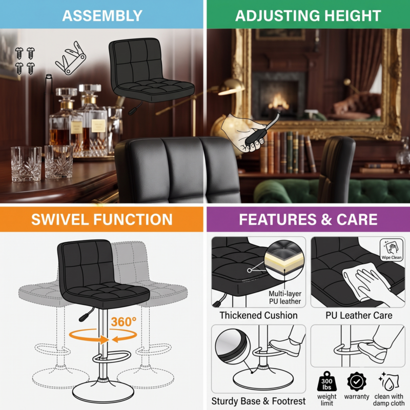 Set Of 2/4 Bar Stools Luxurious PU Leather, Swivel & Adjustable, Armless Kitchen Counter Stools with Thickened Cushion & Back Support, Hydraulic Island Barstools, Black 8 A 4-panel product feature infographic for the black color 4 bar stools luxurious PU leather explaining assembly, height adjustment, 360-degree swivel, and care instructions.