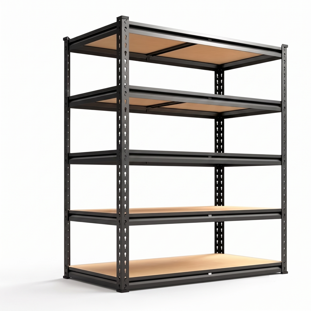 An empty 5 Tier 2000Lbs Metal Shelving Unit with matte black steel frame and light wood shelves, presented from a three quarter front perspective on a white background.