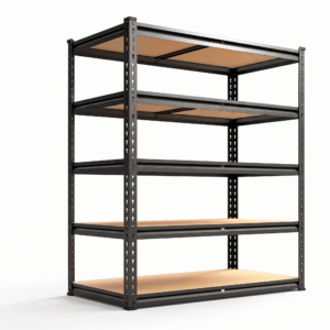 An empty 5 Tier 2000Lbs Metal Shelving Unit with matte black steel frame and light wood shelves, presented from a three quarter front perspective on a white background.