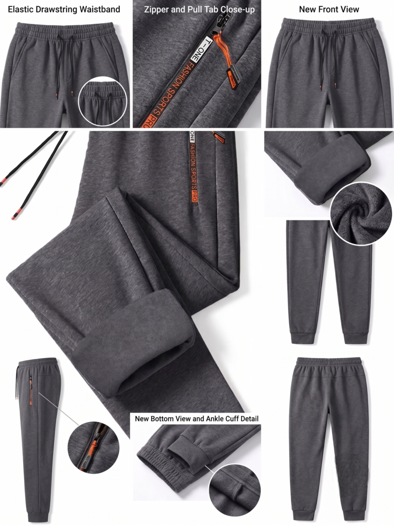 comfortable 2pcs Men's Winter Warm Fleece Sweatpants with Zipper Pockets Casual Trousers Track Pants Drawstring Waist for Running Workout Gym Outdoors for Fall Winter 17 An e-commerce product feature infographic layout over a white background illustrating the technical attributes of Men’s Winter Warm Fleece Track Pants in dimgrey. It contains multiple cropped panels, including a close-up of the elastic drawstring waist, an up-close shot of the vertical side zipper track with an orange pull cord, a full straight-on front view,