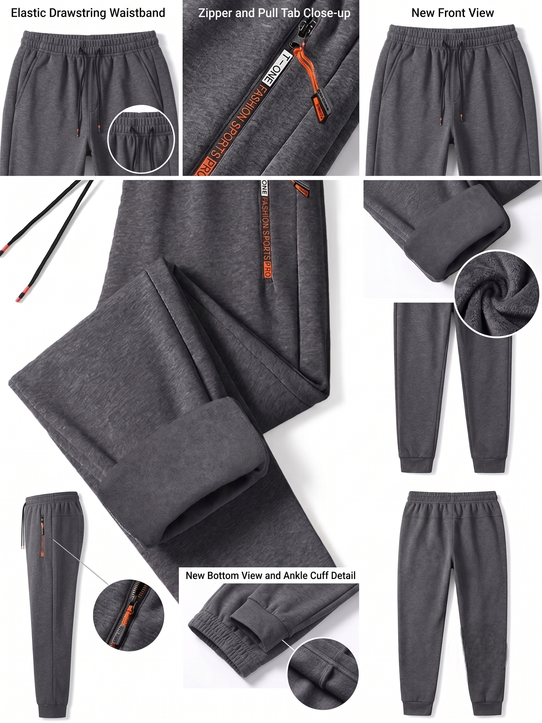 comfortable 2pcs Men's Winter Warm Fleece Sweatpants with Zipper Pockets Casual Trousers Track Pants Drawstring Waist for Running Workout Gym Outdoors for Fall Winter 17 An e-commerce product feature infographic layout over a white background illustrating the technical attributes of Men’s Winter Warm Fleece Track Pants in dimgrey. It contains multiple cropped panels, including a close-up of the elastic drawstring waist, an up-close shot of the vertical side zipper track with an orange pull cord, a full straight-on front view,