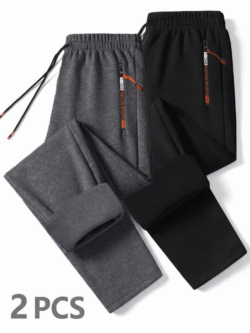comfortable 2pcs Men's Winter Warm Fleece Sweatpants with Zipper Pockets Casual Trousers Track Pants Drawstring Waist for Running Workout Gym Outdoors for Fall Winter 18 A professional flat-lay photograph on a white background showcasing a two-piece combo set of comfortable Men's Winter Warm Fleece Track Pants, with one pair in dark heather dimgrey and the other in classic solid black.