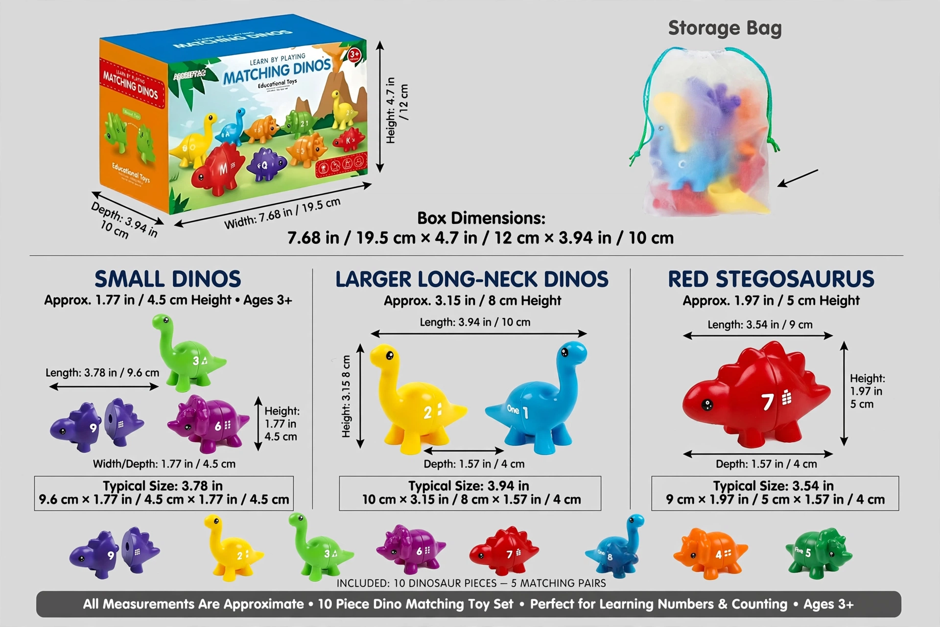Coyban Double-Sided ABC Dinosaur Alphabet and Number Matching Toy | Educational Letter Recognition and Counting Activity, Plastic, Multicolor, Ideal for Dinosaur Themed Parties and Gifts 9 Dimensional diagram and measurement infographic for the Dinosaur Alphabet and Number Matching Toy pieces and box