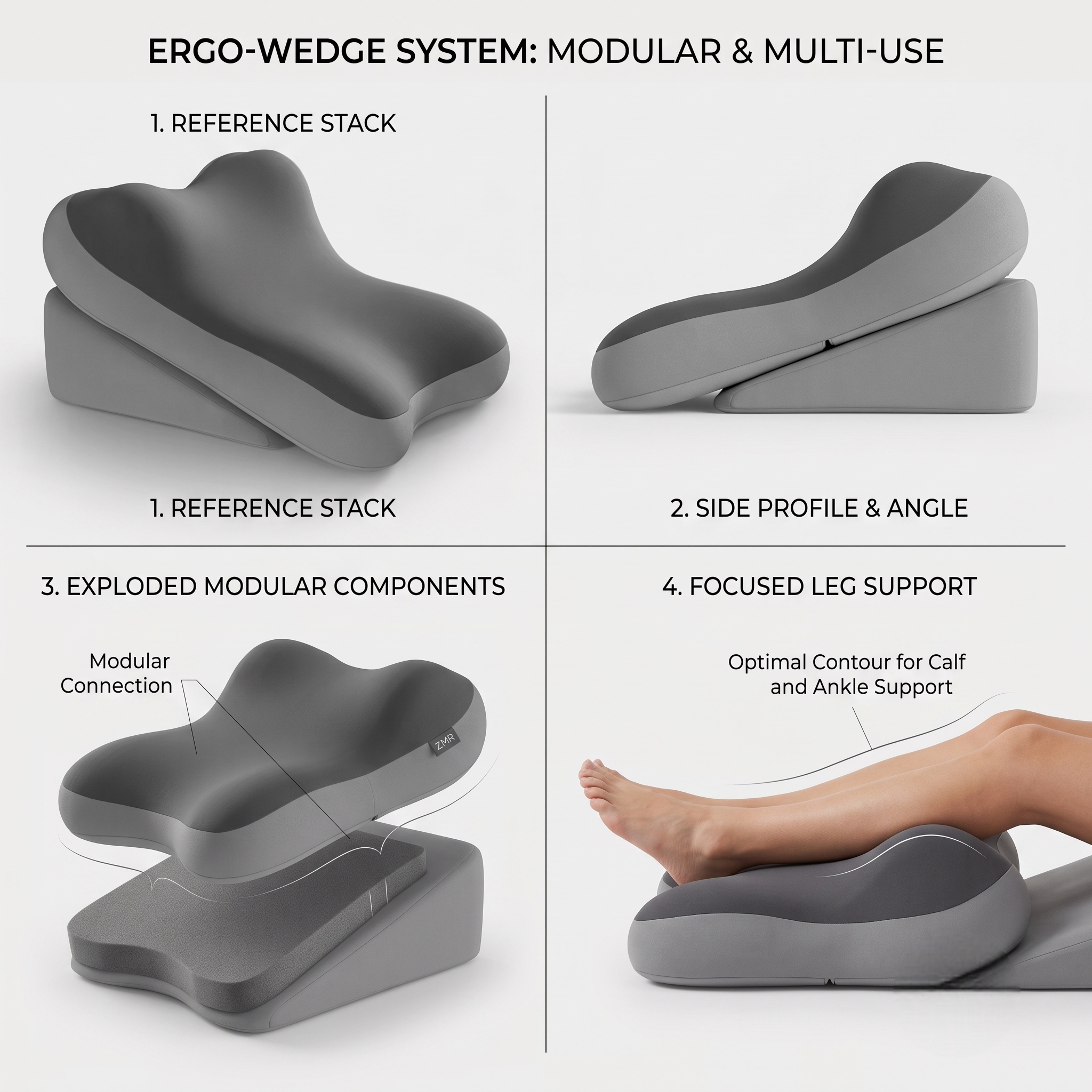 reliable Ergonomic Bed Wedge Pillow Adjustable Memory Foam Backrest for Reading, 2pcs Split Design Support Pillow for Sitting Up in Bed, Non-Slip Lumbar & Neck Cushion for Home Office & Relaxing 15 A 4-panel infographic detailing the multi-use Ergo-Wedge System for the double grey color Bed Wedge Pillow, demonstrating reference stacks, an exploded view of components, and an optimal calf and ankle leg support setup.