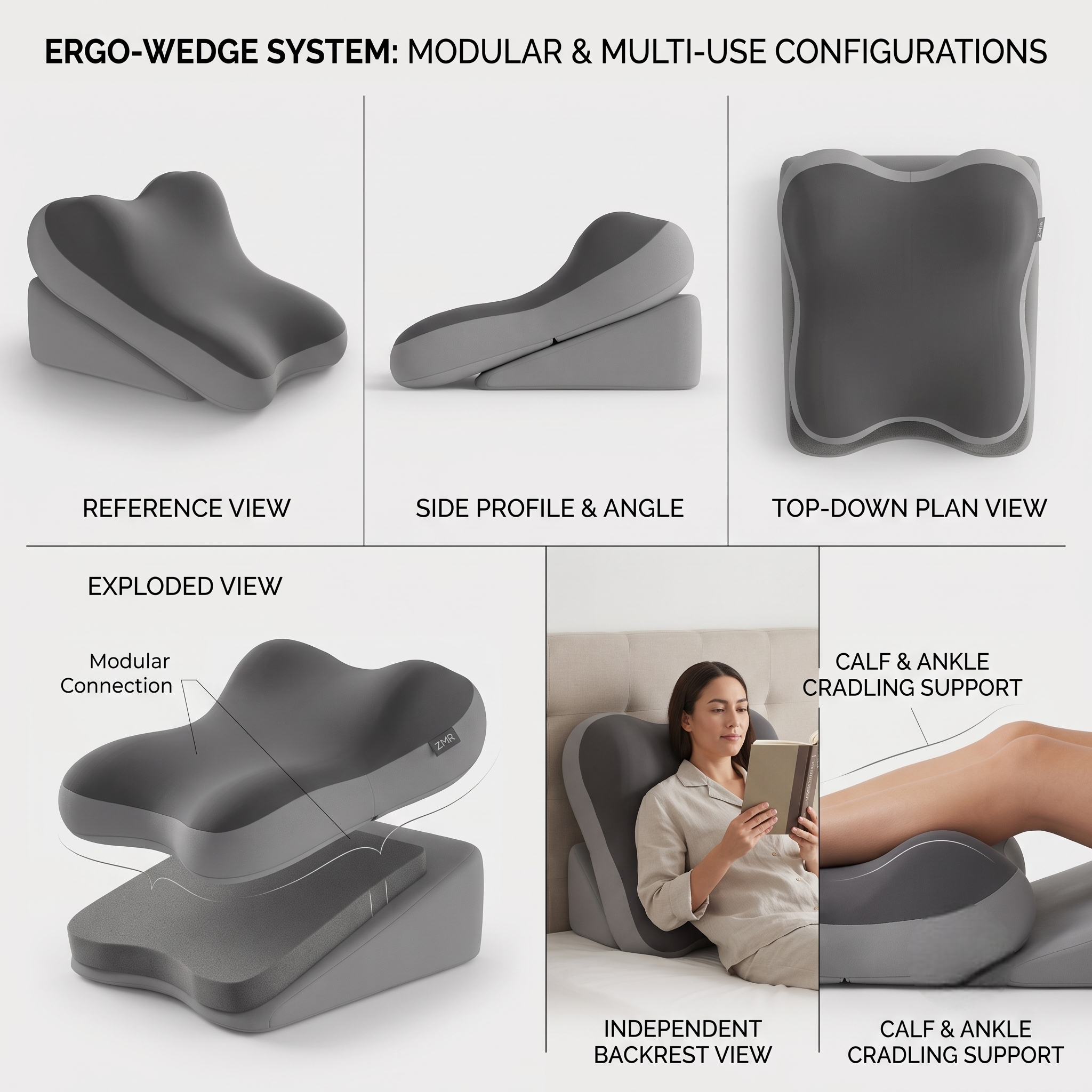 reliable Ergonomic Bed Wedge Pillow Adjustable Memory Foam Backrest for Reading, 2pcs Split Design Support Pillow for Sitting Up in Bed, Non-Slip Lumbar & Neck Cushion for Home Office & Relaxing 6 A comprehensive technical infographic for the mrali double grey color Bed Wedge Pillow showcasing modular multi-use configurations including side profile views, plan views, an independent backrest setup, and lower leg cradling support.