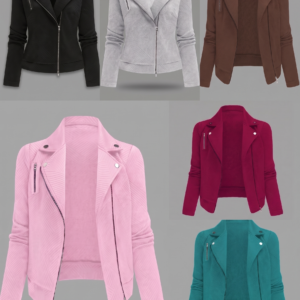 A product display showcasing five color variations of the Grid Zipper Button Decor Biker Jacket arranged on a grey background. The top row features a sleek black jacket zipped closed, a light grey version zipped closed, and a deep brown coffee-colored option styled open. The lower left features a prominent pink jacket styled wide open, while the right side displays a dark rose red jacket and a rich teal-green jacket, both styled open.