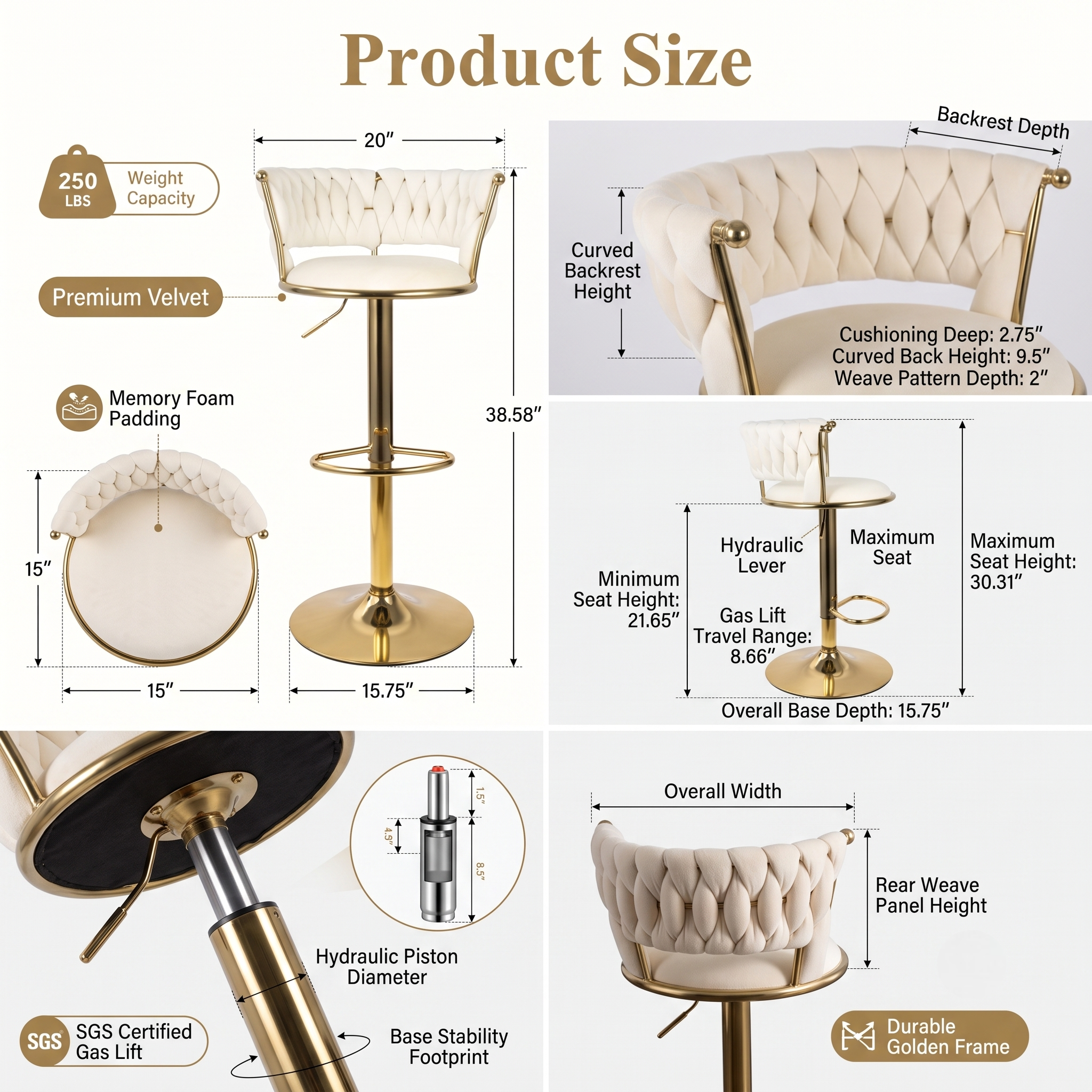 2pcs/4pcs Modern Swivel Woven Velvet Bar Stools, Stool, 360° Swivel Adjustable Height Bar Stool with Backs Golden Metal Tall Bar Stools Counter Height for Kitchen Island, for Christmas, Festival, New Year'S Gift 16 A detailed product size and specification infographic for the Swivel Woven Velvet Bar Stools, showing a 250 lbs weight capacity, premium velvet material, memory foam padding, and adjustable seat heights from 21.65 inches to 30.31 inches.