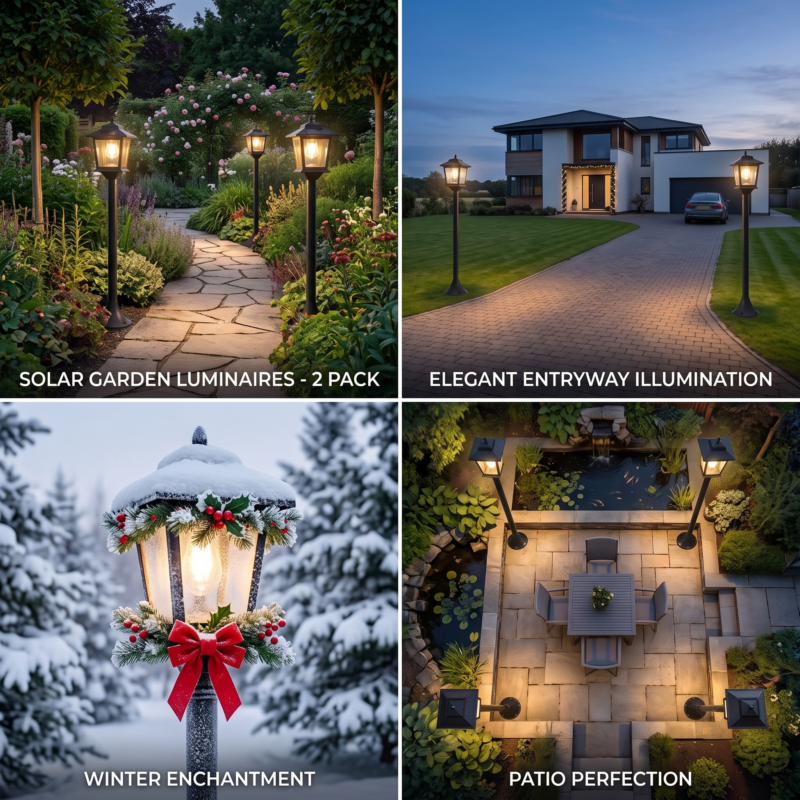 2 Pack 63in Solar Lamp Post Lights, Outdoor Post Lights, Christmas Decorations, Pole Lights Outdoor, Decorative Lamp for Garden, Patio, Lawn, Pathway, Driveway, Front/Back Door, Warm White, Replaceable Bulb, 1800LM 2 Four scenic applications of the 2 Pack 63in Solar Lamp Post Lights. Views include a traditional garden path, an elegant home driveway entry, a snow-covered lamp post with a red bow, and an aerial shot illuminating a patio and pond.