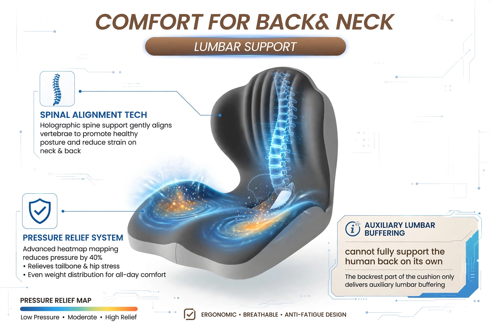 1pc Shell-Shaped Ergonomic Seat Cushion Soft Comfortable Chair Cushion For Office Chair, Car Seat And Home Use, Supportive Design For Daily And Long Hours Sitting 14 Informational graphic illustrating spinal alignment technology and pressure relief for the dual gray color Seat Cushion Soft Comfortable Chair.