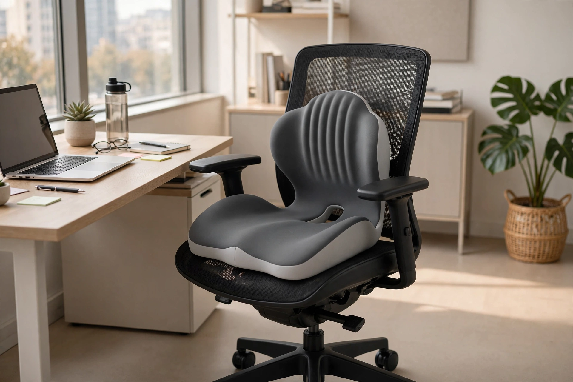 1pc Shell-Shaped Ergonomic Seat Cushion Soft Comfortable Chair Cushion For Office Chair, Car Seat And Home Use, Supportive Design For Daily And Long Hours Sitting 15 A modern ergonomic mesh office chair equipped with a dual gray color Seat Cushion Soft Comfortable Chair in front of a bright workspace.