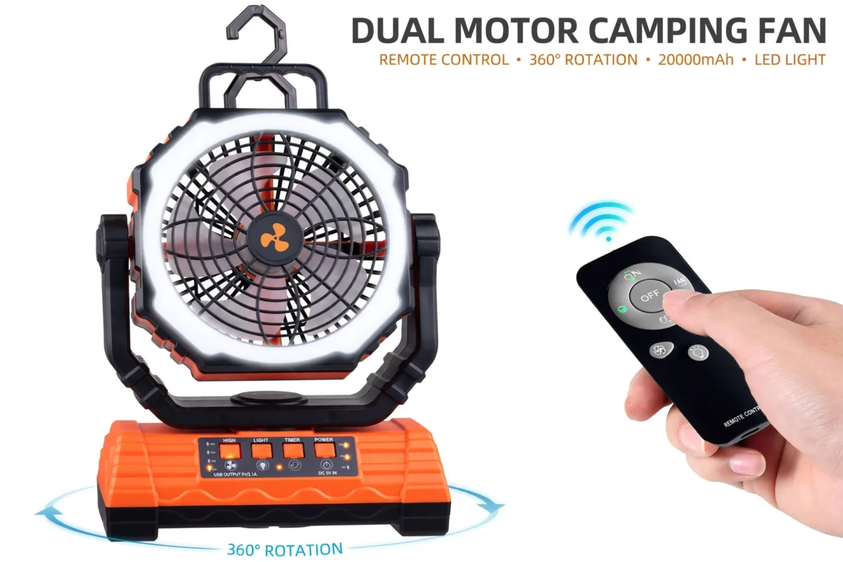 practical Cold Air Battery Powered Fan with 4LED Lantern, 20000mAh Dual Motor Camping Fan, 4-Speed Adjustable Desktop Fan with Hook, Remote Control Portable Outdoor Fan Suitable for Tents, Power Outages and Construction Sites 5 Cold Air Battery Powered Fan facing forward with a hand using the included remote control to adjust settings.
