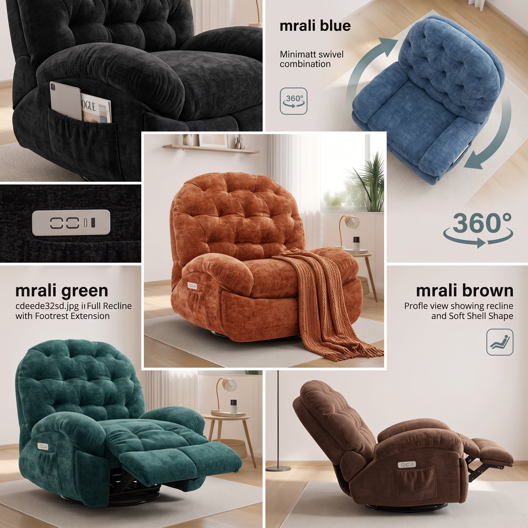 Oversized Swivel Recliner Chair, Adult Electric Recliner with USB Port And Side Pocket Storage, Comfortable Soft Shell Rocking Chair, Large Chenille Recliner Suitable for The Living Room 1 A professional multi-panel product combination graphic showcasing five distinct colors of an oversized power swivel recliner: black, blue, orange, green, and brown. Each panel details a different functional layout, including full recline extensions and 360-degree rotation graphics.