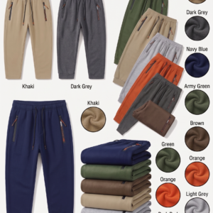 Warm Fleece Sweatpants with Zipper Pockets A multi panel infographic illustrating T-ONE Performance Joggers. The image is divided into sections by bold text titles. At the top left, a title reads "FULL VISUAL DISPLAY" above a single pair of khaki colored sweatpants shown extended, a folded stack of multi-colored pants, and a collection of six fanned pants. To the right, a title reads "TEXTILE SPECTRUM" above a list of eight multi colored swatches with text labels. Large text callouts with arrows point to key features on different pants and panels, including: "Zipper Pull Detail," "Reinforced Hand Pockets,