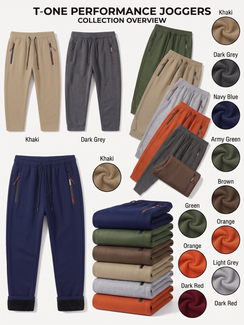comfortable 2pcs Men's Winter Warm Fleece Sweatpants with Zipper Pockets Casual Trousers Track Pants Drawstring Waist for Running Workout Gym Outdoors for Fall Winter 1 Warm Fleece Sweatpants with Zipper Pockets A multi panel infographic illustrating T-ONE Performance Joggers. The image is divided into sections by bold text titles. At the top left, a title reads "FULL VISUAL DISPLAY" above a single pair of khaki colored sweatpants shown extended, a folded stack of multi-colored pants, and a collection of six fanned pants. To the right, a title reads "TEXTILE SPECTRUM" above a list of eight multi colored swatches with text labels. Large text callouts with arrows point to key features on different pants and panels, including: "Zipper Pull Detail," "Reinforced Hand Pockets,