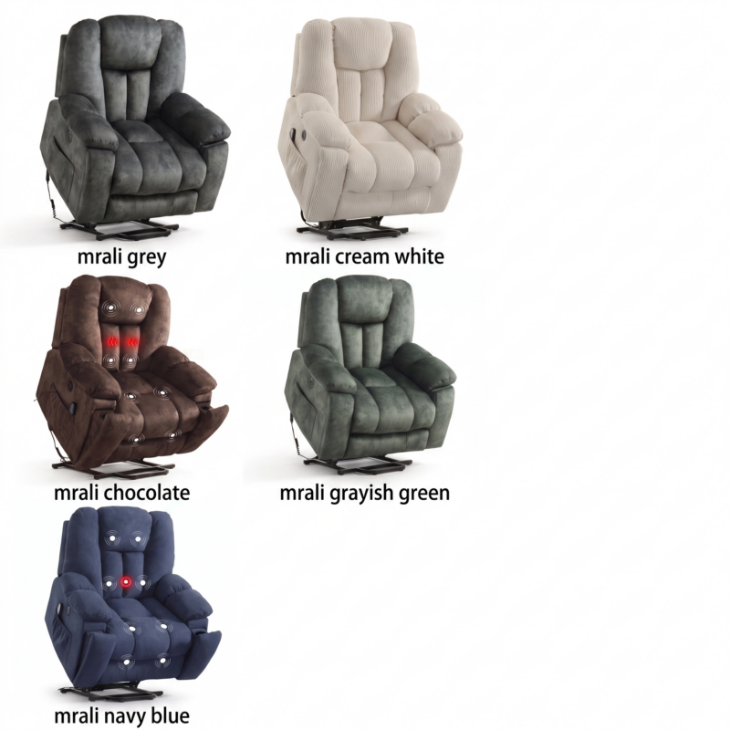 A collection of five Power Lift Recliner Chairs with Massage from the 'mrali' product line, each in a different color. The top row has a grey recliner and a cream white corduroy one. The middle row features a chocolate brown recliner with its heat and massage symbols highlighted,