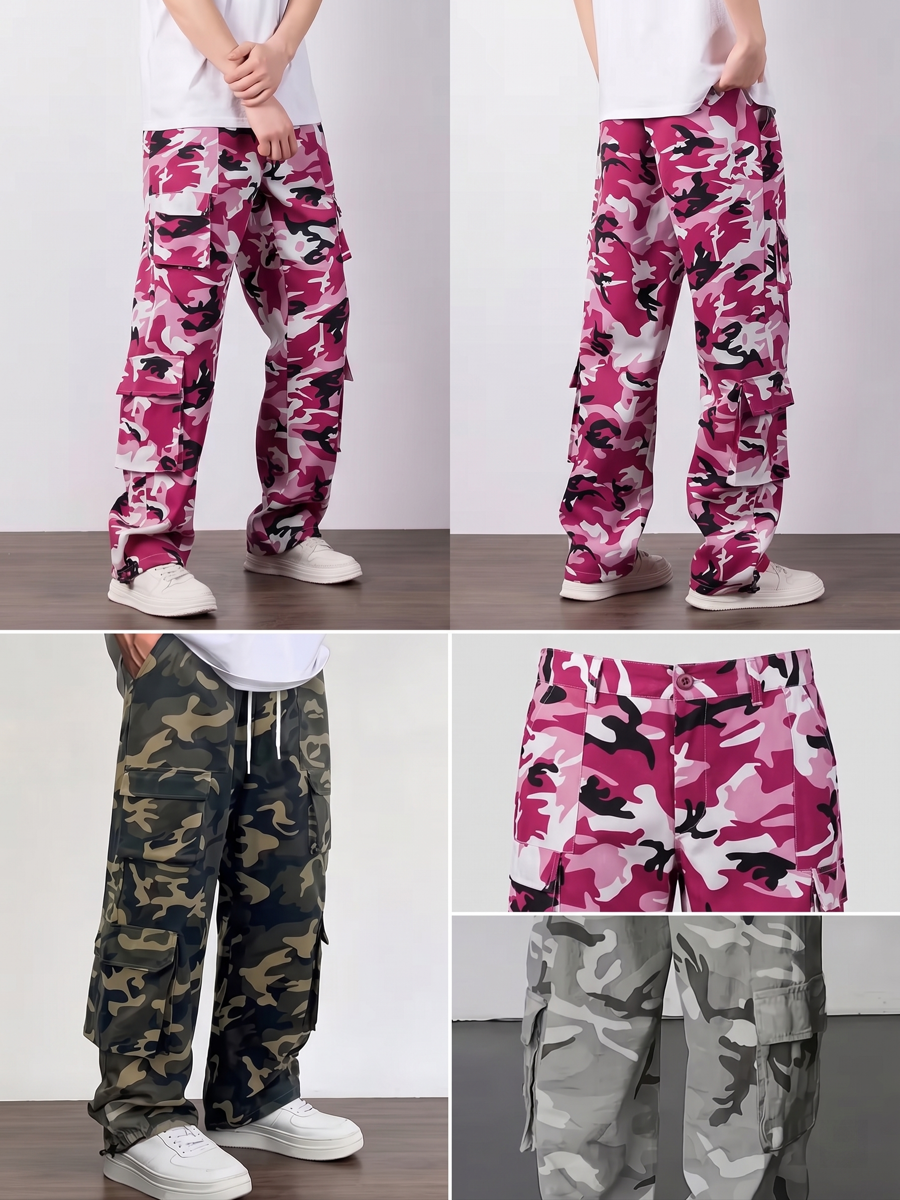 practical Men's Camouflage Print Multi-Pocket Cargo Pants, Elastic Waistband with Adjustable Legs, Fashion Wide-Leg Trousers 21 A 5-panel product layout showcasing men's wide-leg camouflage cargo pants. The top half shows front-quarter and rear views of the pink camo variant. The bottom-left displays a quarter view of the fern green camo pattern. The bottom-right contains two close-up tiles focusing on the upper button closure of the pink pants and a low-angle shot of the grey camo leg cuffs.