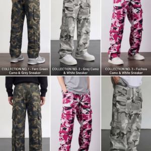 A 2x3 image grid displaying six curated styling combinations for men's wide-leg camouflage cargo pants. Three colors—Fern Green, Grey Camo, and Fuchsia pink—are modeled from various front and rear views. White banner text at the bottom of each panel categorizes them as "COLLECTION NO. 1" through "COLLECTION NO. 6" along with specific shoe pairings like "Camo & Grey Sneaker" or "Camo & White Sneaker".