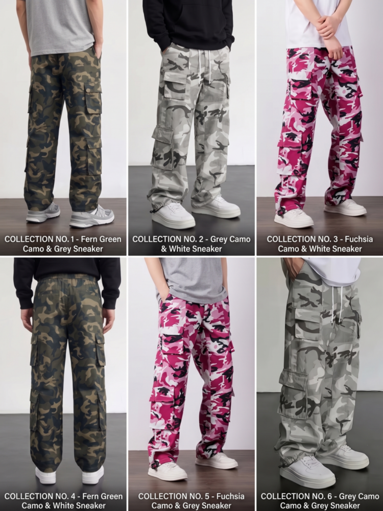 A 2x3 image grid displaying six curated styling combinations for men's wide-leg camouflage cargo pants. Three colors—Fern Green, Grey Camo, and Fuchsia pink—are modeled from various front and rear views. White banner text at the bottom of each panel categorizes them as "COLLECTION NO. 1" through "COLLECTION NO. 6" along with specific shoe pairings like "Camo & Grey Sneaker" or "Camo & White Sneaker".