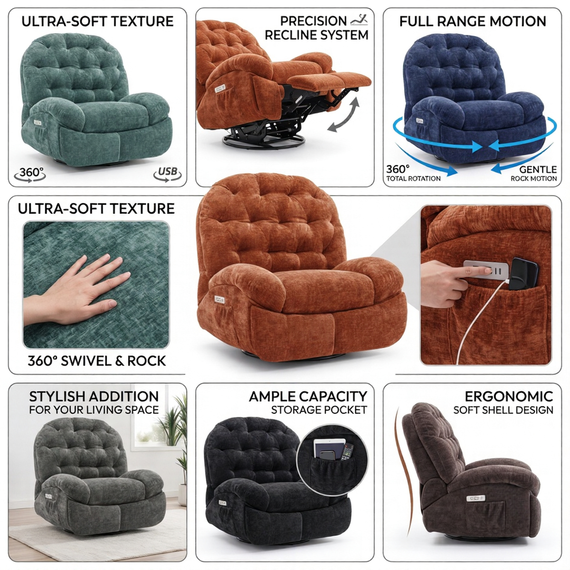 Oversized Swivel Recliner Chair, Adult Electric Recliner with USB Port And Side Pocket Storage, Comfortable Soft Shell Rocking Chair, Large Chenille Recliner Suitable for The Living Room 22 A 7-panel feature infographic collage centered around an orange power recliner. Surrounding square boxes illustrate ergonomic design features, including a texturizing macro shot of green fabric, a precise mechanical footrest recline profile, a full 360-degree rotation graphic, and side pocket close-ups.