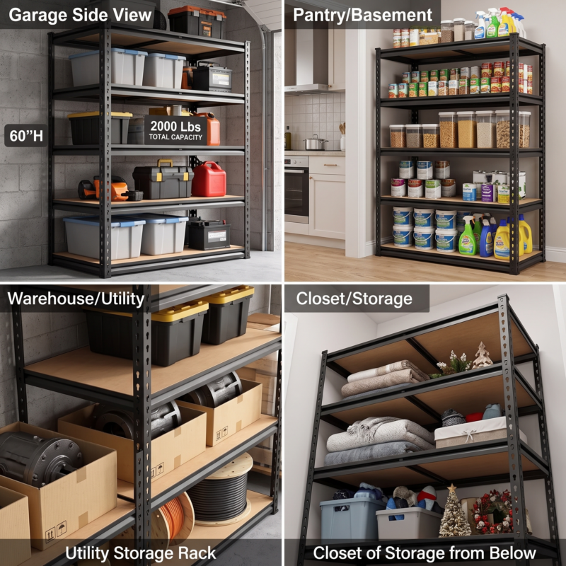 practical Heavy Duty 5 Tier 2000Lbs Metal Shelving Units | 60"H Freestanding Matte Adjustable Shelving For Garage, Basement, Pantry, Closet | Utility Storage Rack For Warehouse Items, Utility Shelves 4 A four way image grid demonstrating the 5 Tier 2000Lbs Metal Shelving Units in garage, pantry/basement, warehouse/utility, and closet/storage environments, with callouts for height and capacity.