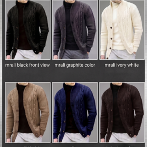 A six panel color comparison graphic titled MRALI KNITWEAR COLLECTION PROFESSIONAL HARMONY showcasing a premium mens Knit Long Sleeve Pullover Sweater styled in six different colors. Each square panel displays a studio view from the chest to the waist of a man wearing an open cable knit cardigan layered over a classic fitted turtleneck.