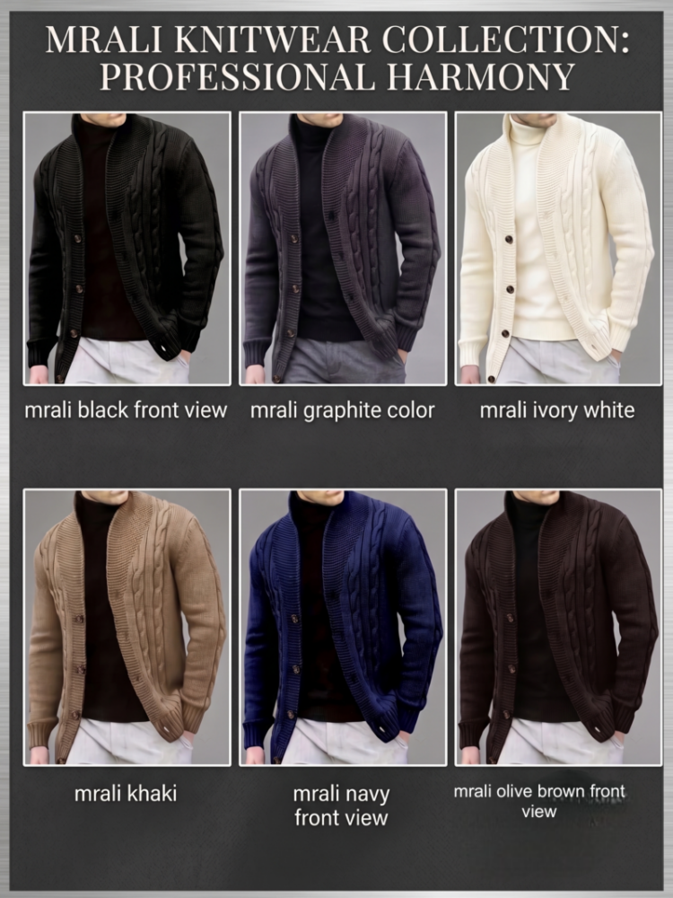 A six panel color comparison graphic titled MRALI KNITWEAR COLLECTION PROFESSIONAL HARMONY showcasing a premium mens Knit Long Sleeve Pullover Sweater styled in six different colors. Each square panel displays a studio view from the chest to the waist of a man wearing an open cable knit cardigan layered over a classic fitted turtleneck.