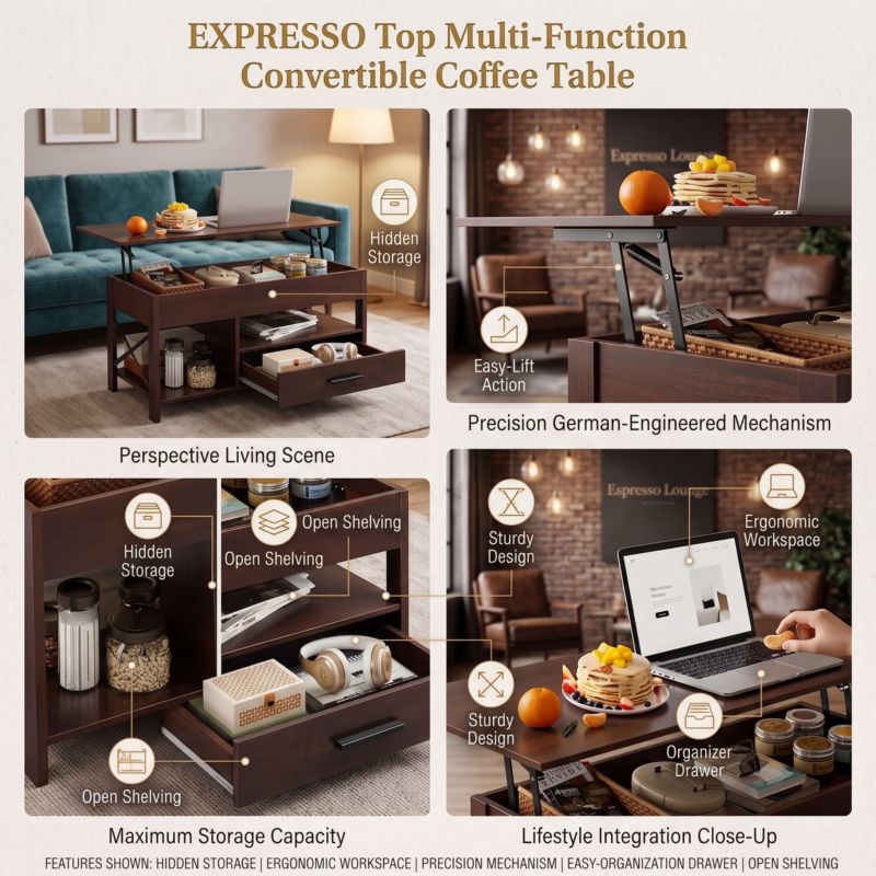 Coffee Table Lift Top, Multi-Function Convertible Coffee Table with Drawers and Hidden Compartment, Coffee Table Converts to Dining Table for Living Room, Home Office, Patio Furniture, outdoor furniture 4 A four-panel professional product infographic labeled Expresso Top Multi-Function Convertible Coffee Table. The panels feature highlighted callouts: "Perspective Living Scene" showing the table next to a blue sofa; "Precision German-Engineered Mechanism" detailing the lift-top action; "Maximum Storage Capacity" highlighting open shelving and internal compartments; and "Lifestyle Integration Close-Up" focusing on a laptop workspace.