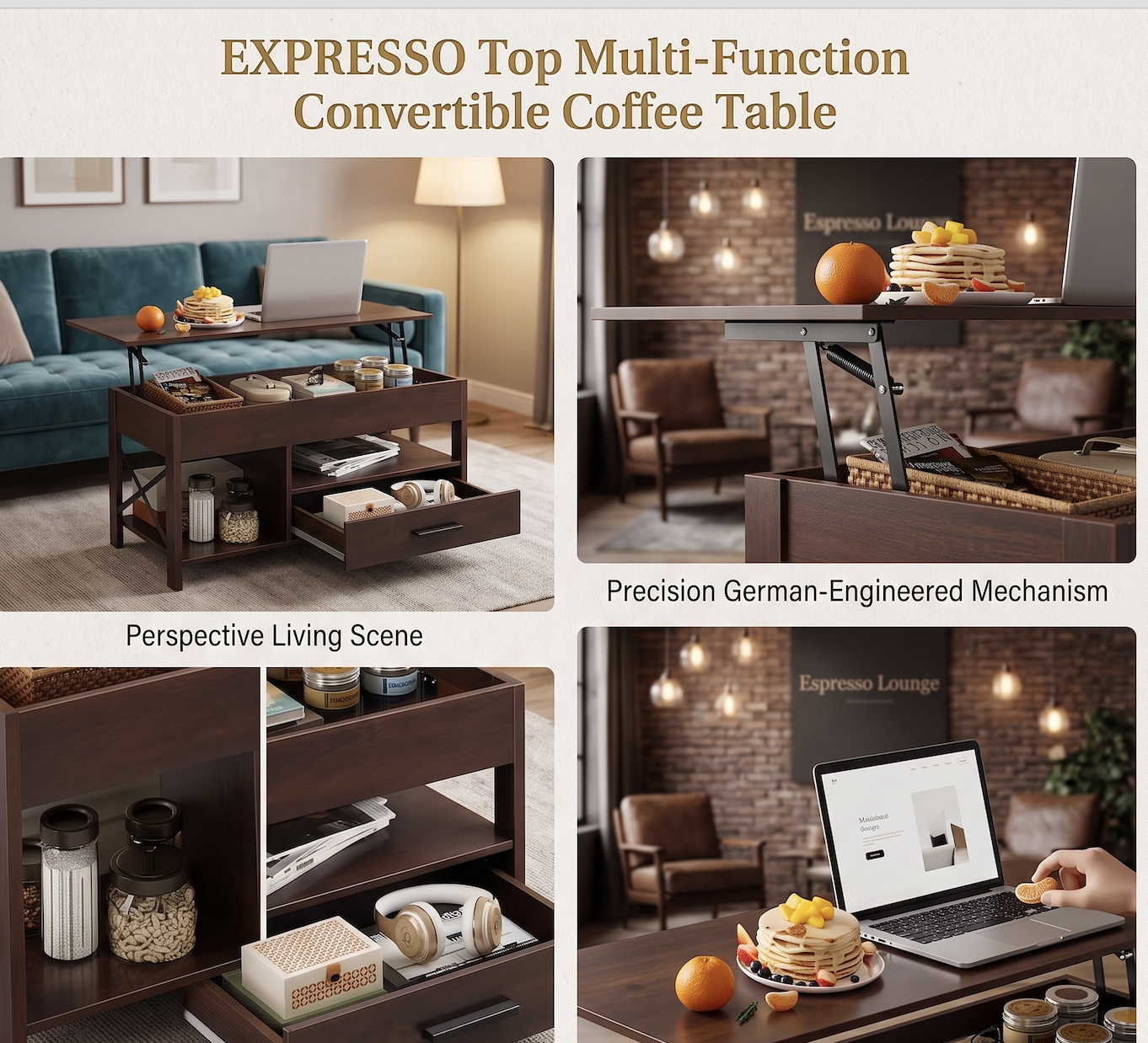 Coffee Table Lift Top, Multi-Function Convertible Coffee Table with Drawers and Hidden Compartment, Coffee Table Converts to Dining Table for Living Room, Home Office, Patio Furniture, outdoor furniture 21 A clean four-panel lifestyle image grid showcasing an expresso Top Multi-Function Convertible Coffee Table. The top-left view displays the full unit elevated in a living room near a teal couch; the top-right pane details a close-up profile of the piston hinge mechanism; the lower-left panel offers a macro view of the bottom open shelf drawer with headphones; and the bottom-right image shows a person using a laptop on the raised tabletop.