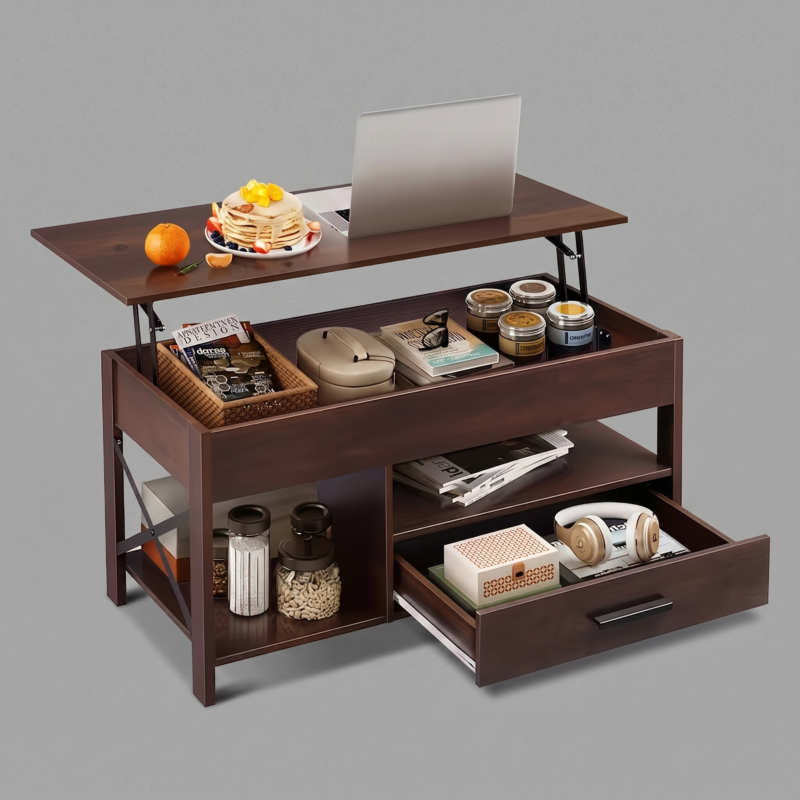 Coffee Table Lift Top, Multi-Function Convertible Coffee Table with Drawers and Hidden Compartment, Coffee Table Converts to Dining Table for Living Room, Home Office, Patio Furniture, outdoor furniture 5 Studio portrait of an expresso Top Multi-Function Convertible Coffee Table on a neutral grey background. The top wood pane is raised via steel lift arms to reveal an internal compartment organized with books and containers. A laptop and snacks rest on top, while the lower shelf layout features decorative jars and a slide-out drawer filled with home accessories.