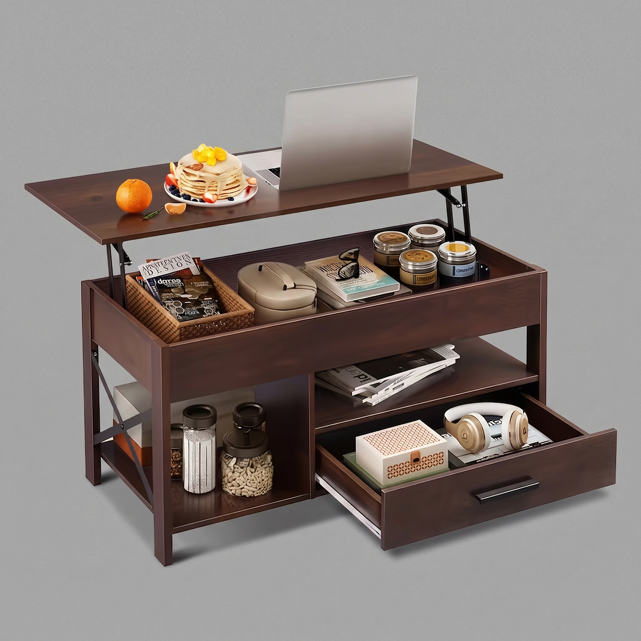 Coffee Table Lift Top, Multi-Function Convertible Coffee Table with Drawers and Hidden Compartment, Coffee Table Converts to Dining Table for Living Room, Home Office, Patio Furniture, outdoor furniture 5 Studio portrait of an expresso Top Multi-Function Convertible Coffee Table on a neutral grey background. The top wood pane is raised via steel lift arms to reveal an internal compartment organized with books and containers. A laptop and snacks rest on top, while the lower shelf layout features decorative jars and a slide-out drawer filled with home accessories.