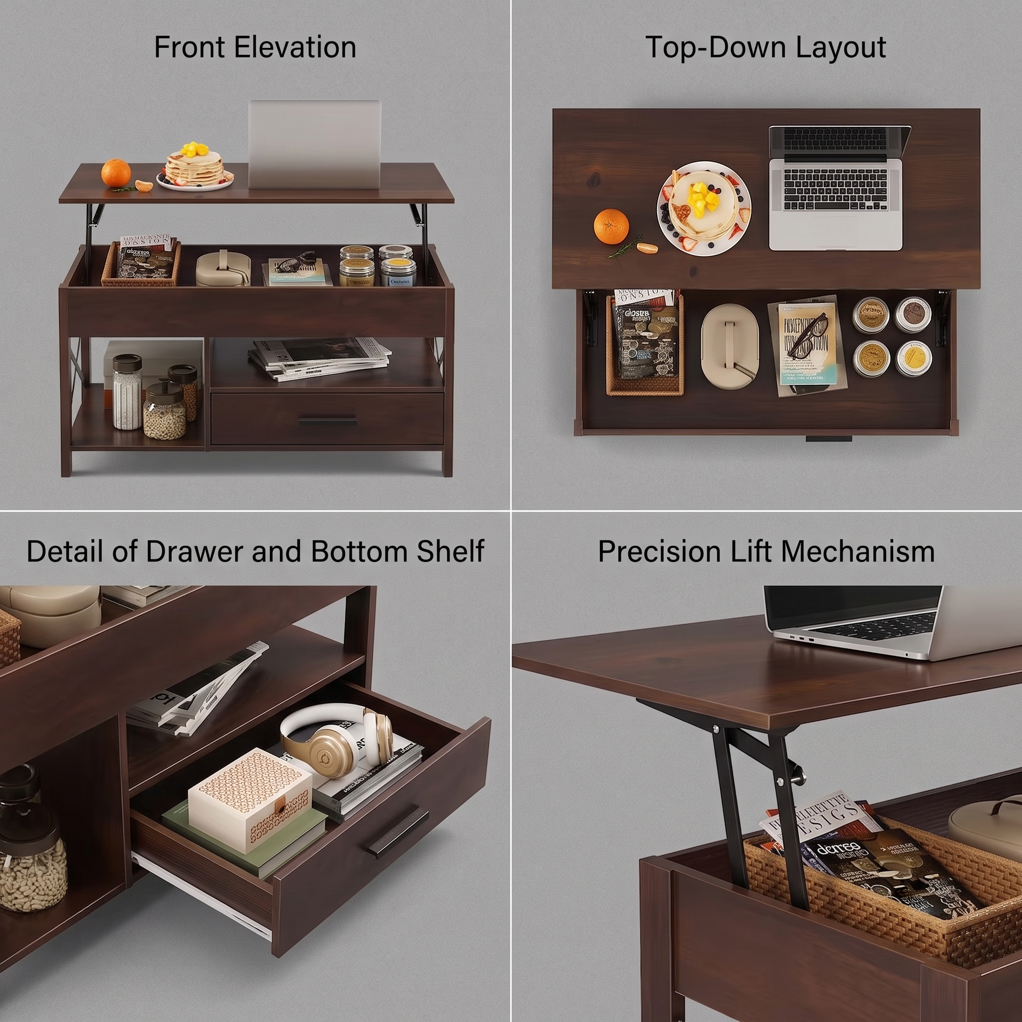 Coffee Table Lift Top, Multi-Function Convertible Coffee Table with Drawers and Hidden Compartment, Coffee Table Converts to Dining Table for Living Room, Home Office, Patio Furniture, outdoor furniture 20 A 4-panel technical layout grid of an expresso Top Multi-Function Convertible Coffee Table on a grey background. The panels are labeled: "Front Elevation" showing a straight-on look; "Top-Down Layout" looking directly down into the divided storage box; "Detail of Drawer and Bottom Shelf" highlighting the slide mechanism; and "Precision Lift Mechanism" showing a macro view of the hydraulic lifting arm.