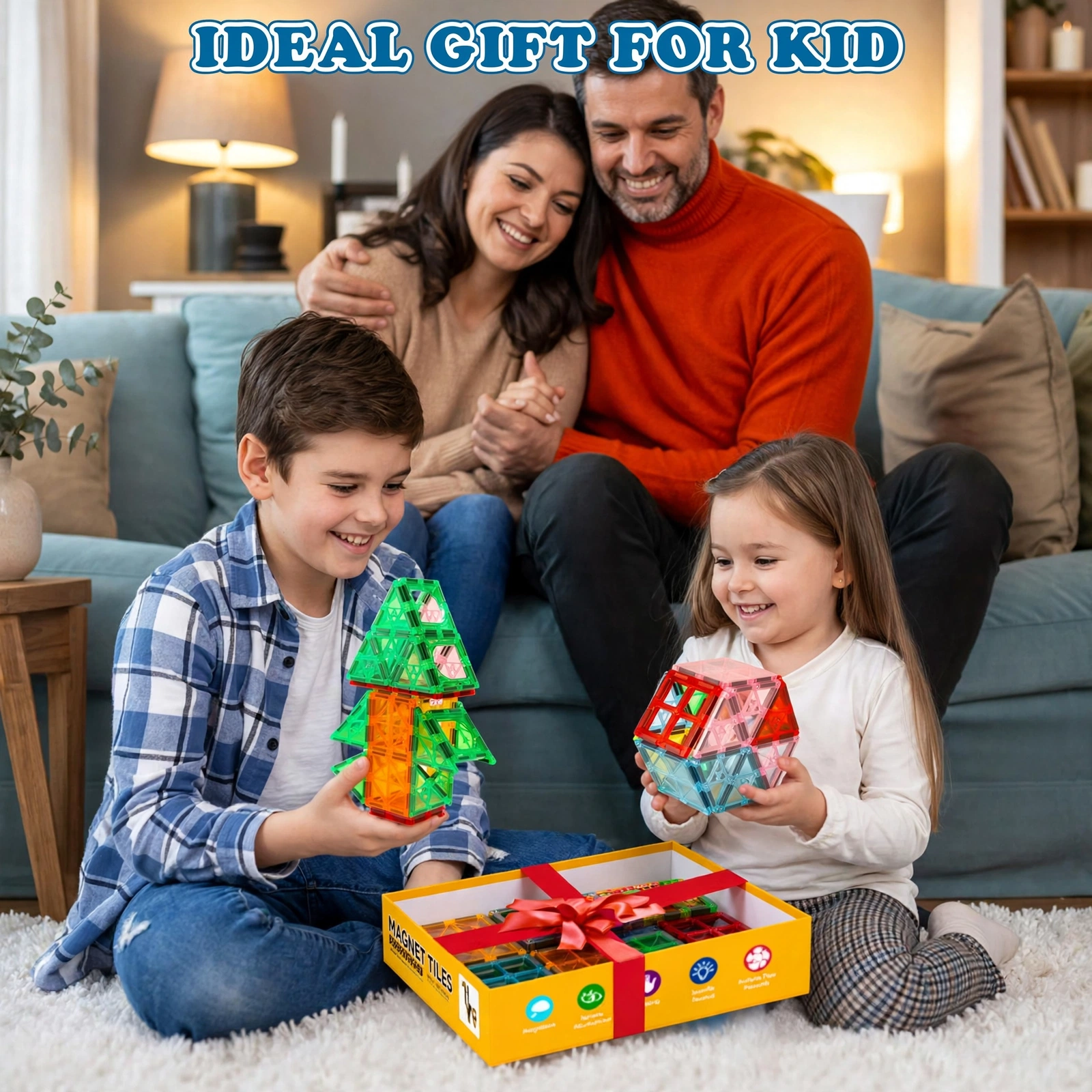 106/136pcs Magnetic Building Blocks with 2 Cars Suitable for Kids Boys & Girls, STEM Construction Toys with Magnetic Base Plates & Car Magnets, Educational Building Blocks for Birthday Gifts, for 3+ Years, for 4 5 6 7 8 9+ 13 A happy family sitting together in the living room while a young boy and girl play with creative structures built from a Magnetic Building Blocks with 2 Cars set next to a gift box.