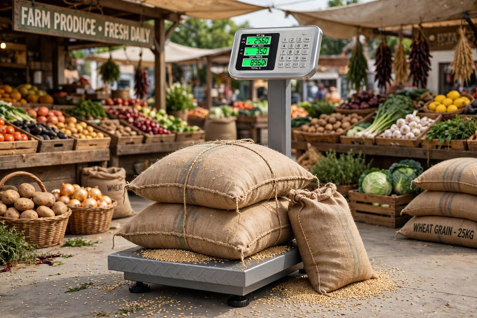 Electronic Industrial Commercial Platform Scale,Stainless Steel High-Definition LCD Display, Digital Floor Heavy Duty, Luggage Package Price Computing Postal Shipping Mailing 15 Burlap sacks filled with grains and produce stacked on a commercial platform scale in front of a busy farmers market stall