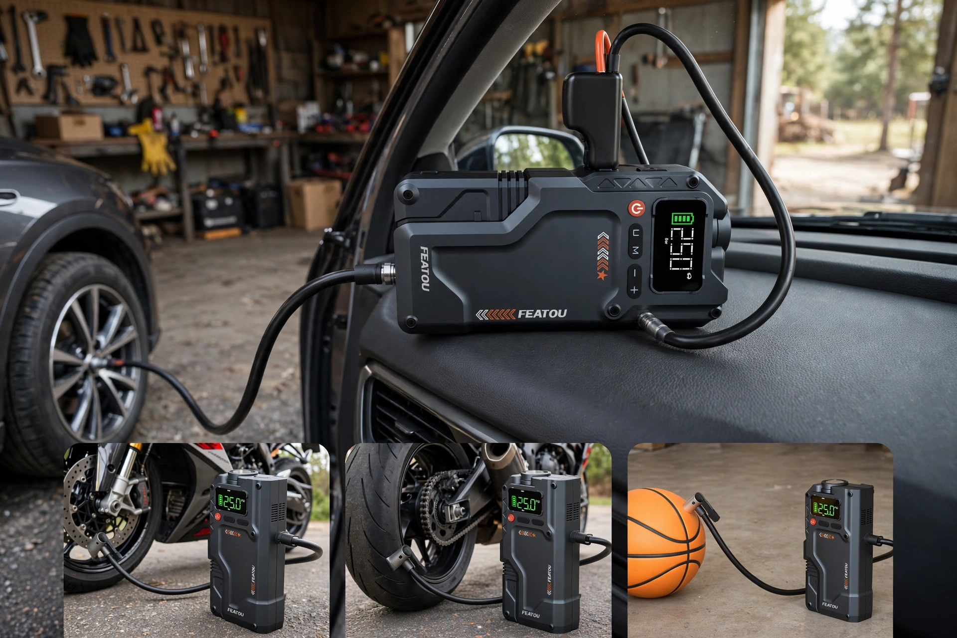 exclusive 6000A Jump Starter with Air Compressor, 7in 1 Function Jump Box 150PSI Jump Starter Battery Pack with Digital Tire Inflator, Car Battery Charger Portable for 2.64gal Gas Or2.38gal Diesel Battery Charger, Car Jumper Starter Portable, 6000A& 8000A 10 Multi-use commercial collage showing the 6000A Jump Starter with Air Compressor inflating car tires, motorcycle wheels, and sports equipment.