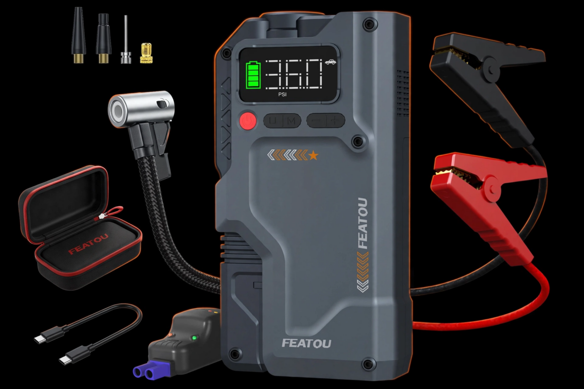 exclusive 6000A Jump Starter with Air Compressor, 7in 1 Function Jump Box 150PSI Jump Starter Battery Pack with Digital Tire Inflator, Car Battery Charger Portable for 2.64gal Gas Or2.38gal Diesel Battery Charger, Car Jumper Starter Portable, 6000A& 8000A 4 Exploded view presentation layout showing the 6000A Jump Starter with Air Compressor alongside jumper cables, smart clamps, nozzles, and a carrying case.