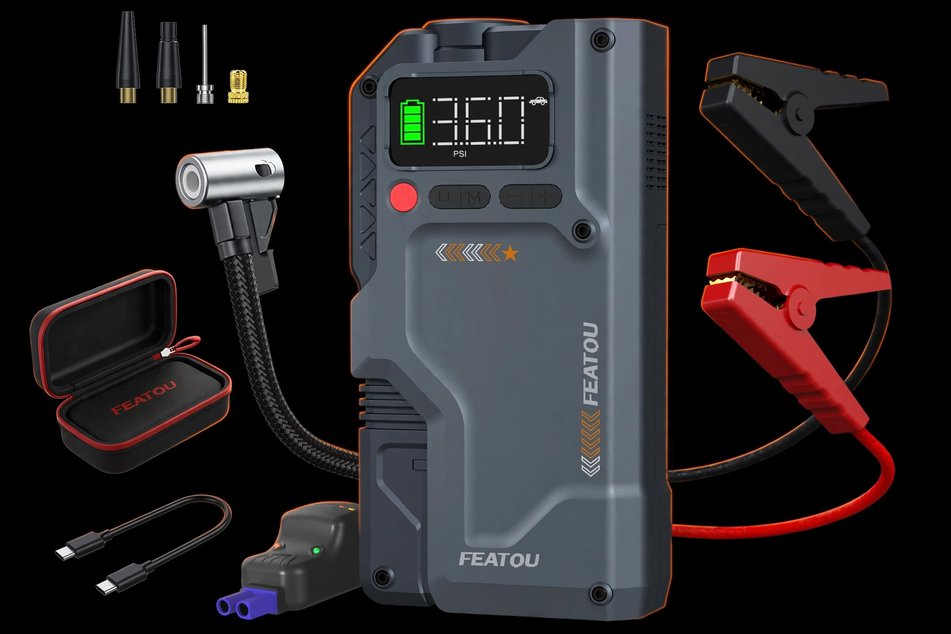 exclusive 6000A Jump Starter with Air Compressor, 7in 1 Function Jump Box 150PSI Jump Starter Battery Pack with Digital Tire Inflator, Car Battery Charger Portable for 2.64gal Gas Or2.38gal Diesel Battery Charger, Car Jumper Starter Portable, 6000A& 8000A 12 Exploded view presentation layout showing the 6000A Jump Starter with Air Compressor alongside jumper cables, smart clamps, nozzles, and a carrying case.