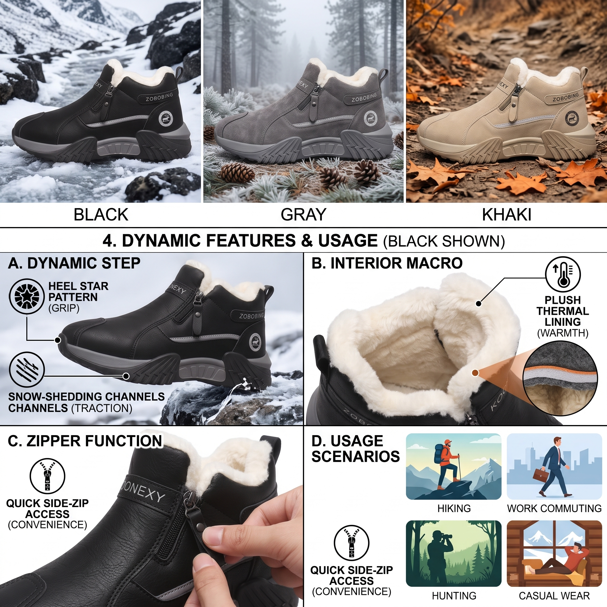 Winter Men'S Thermal Insulated Fleece-Lined Snow Boots - Comfortable, Breathable, And Stylish Hiking Shoes, Short Men'S Boots Suitable for Hiking, Hunting, Work Commuting, And Casual Wear, Winter Boots, Outdoor Footwear - Available in Black/Gray/Kha 19 A multi-panel product graphic showcasing insulated fleece-lined snow boots in black, gray, and khaki options. The infographic highlights the grey color insulated fleece-lined snow boots in a snowy forest setting, alongside labeled technical quadrants detailing dynamic step traction, interior macro thermal plush lining, side zipper function, and outdoor usage scenarios.
