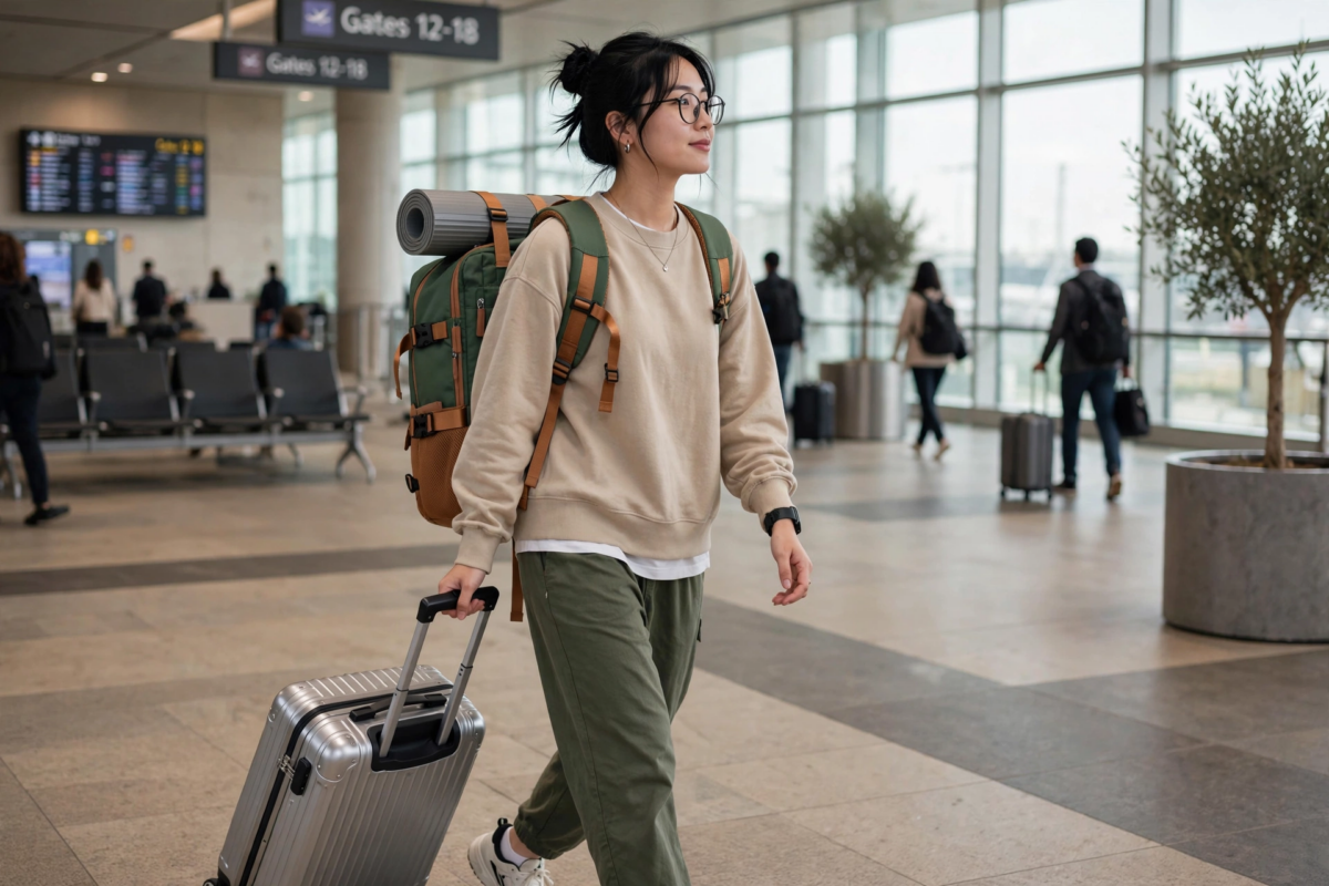 A Versatile Large-Capacity Backpack for Students, Suitable for Short Trips, Laptops, And Various Uses, Including Dual Shoulder Straps And a Convenient Carry Option 10 A traveler wearing a fern green color Versatile Large-Capacity Backpack for Students walks through an airport terminal with luggage.
