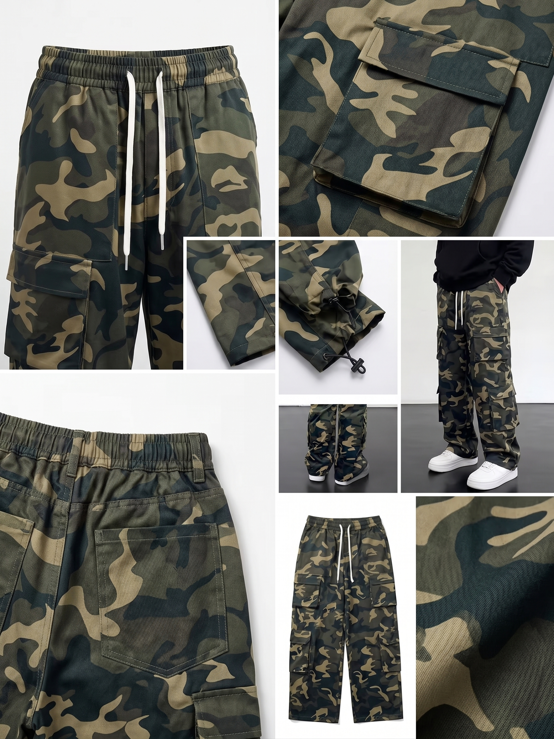 practical Men's Camouflage Print Multi-Pocket Cargo Pants, Elastic Waistband with Adjustable Legs, Fashion Wide-Leg Trousers 13 A detailed multi-panel product collage showcasing individual elements of the fern green camouflage pants. Panels focus closely on the gathered elastic waistband with its white drawstrings, a macro view of a side utility pocket flap, close-up adjustable ankle toggles, a flat-lay overview, and an extreme close-up of the woven cotton-blend camo fabric texture.