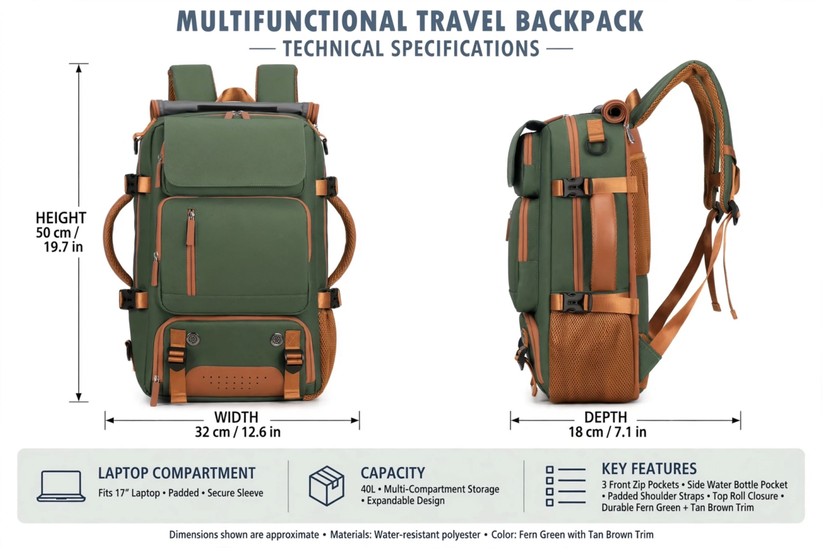 A Versatile Large-Capacity Backpack for Students, Suitable for Short Trips, Laptops, And Various Uses, Including Dual Shoulder Straps And a Convenient Carry Option 11 A technical schematic showing dimensions and compartment features of the fern green color Versatile Large-Capacity Backpack for Students.
