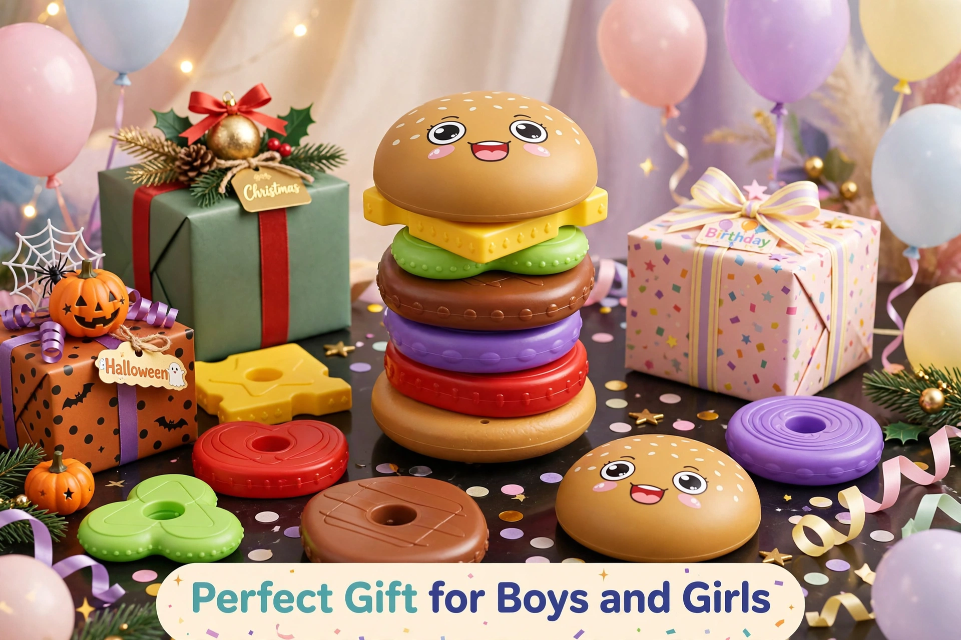 Stacking Burger Shape Toy, Multi-Color Recognition, Hand-Eye Coordination and Rotation Educational Puzzle, Perfect Gift for Boys and Girls on Birthdays, Christmas, or Halloween 3 Product specification sheet for the Stacking Burger Shape Toy displaying dimensions, heights, diameters, and materials.