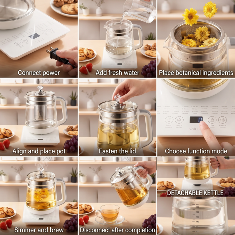 Yalulu Electric Kettle 1.8L/60.87oz Health Pot, Essential for Camping; Tea Set with 18 Smart Functions, 800W Thickened Glass Kettle, Detachable Filter, Multi-functional Medical Health Pot, Power Operation, 110-130V, US Plug 4 A 9-panel visual user guide for the Electric Kettle 1.8L/60.87oz. It includes actions: "Connect Power" (showing the US plug), "Add Fresh Water," "Place botanical ingredients," "Align and place pot," "Fasten the lid," "Choose function mode" (finger pointing to the control panel), "Simmer and brew," "Disconnect after completion," and "DETACHABLE KETTLE" showing a hand holding the kettle and water level markings. The kettle is often transparent and holds ingredients and water.