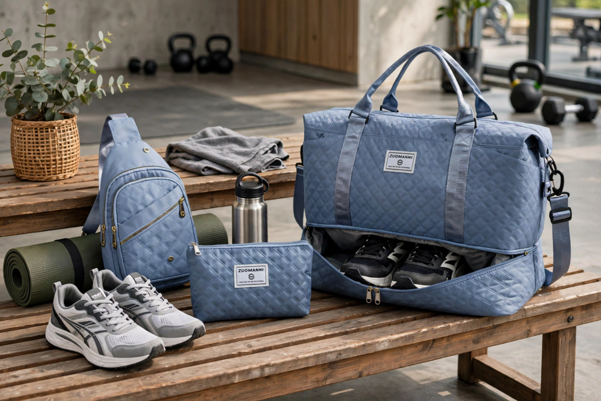 A Three-Piece Travel Set Including a Tote Bag, a Toiletry Bag, And a Shoulder Bag, Featuring a Spacious Independent Shoe Compartment, Perfect for Outdoor Fitness, Travel, Overnight Stays, And Weekend Trips 10 A fog blue color tote bag set arranged on a wooden gym bench, showcasing an open bottom shoe compartment with sneakers, a matching sling bag, a pouch, and a water bottle.